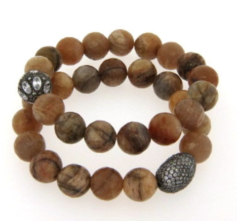 Brown Agate & Crystal Stretch Bracelets, Gunmetal Plated
