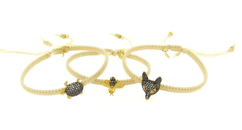 Pave Crystal Animal Bracelets, Ivory Silk Cords
