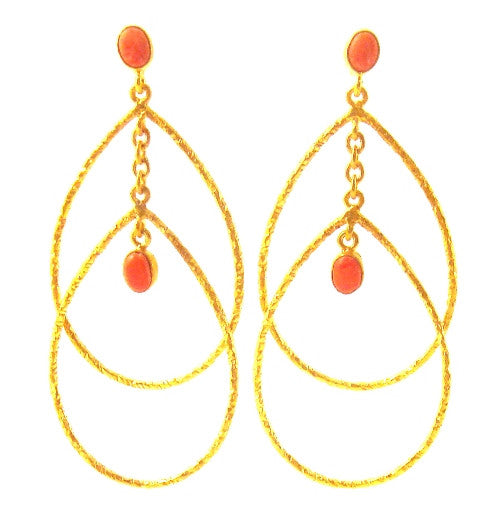 Coral & Gold Plated Teardrop Earrings