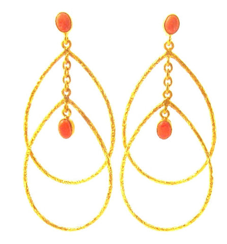 Coral & Gold Plated Teardrop Earrings