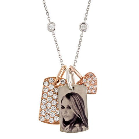 Personalized Diamond Gold & Silver Dog Tags with Heart Charm Necklace