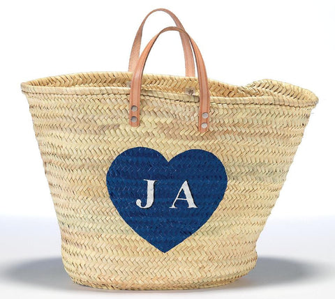 Personalized Straw Beach Bag, Blue Heart