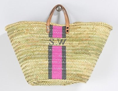 Personalized Straw Beach Bag, Pink & Gray
