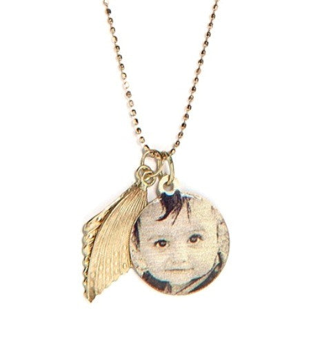 Round Photo Pendant with Angel Wings, Yellow Gold