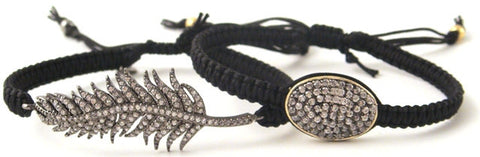 Feather & Oval Pave Bracelets On Black Silk Cords