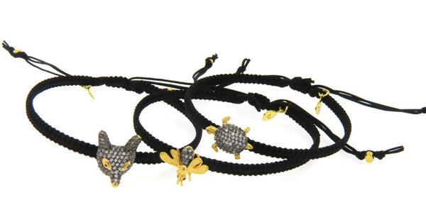 Pave Crystal Animal Bracelets, Black Silk Cords