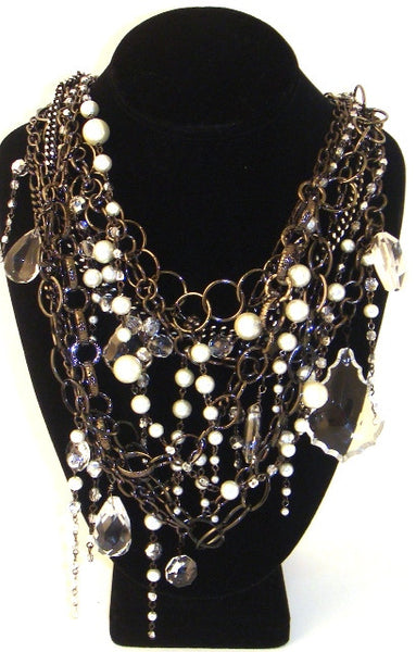 Multi-Strand Crystal & "Pearl" Gunmetal Necklace