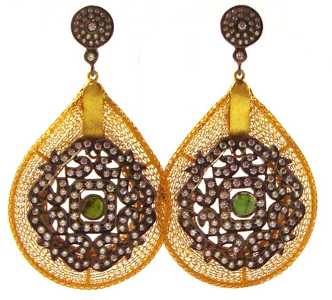Green Tourmaline & Crystal Mesh Hanging Earrings
