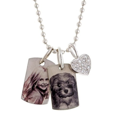 Personalized Silver Dog Tags Diamond Heart Charm Necklace