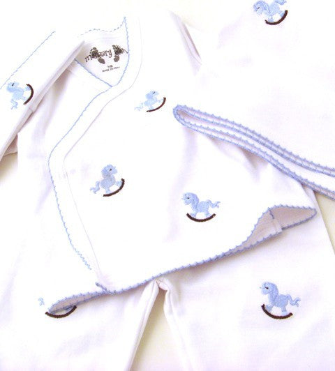 Blue Rocking Horse Outfit, Blanket & Hat Set (Newborn)